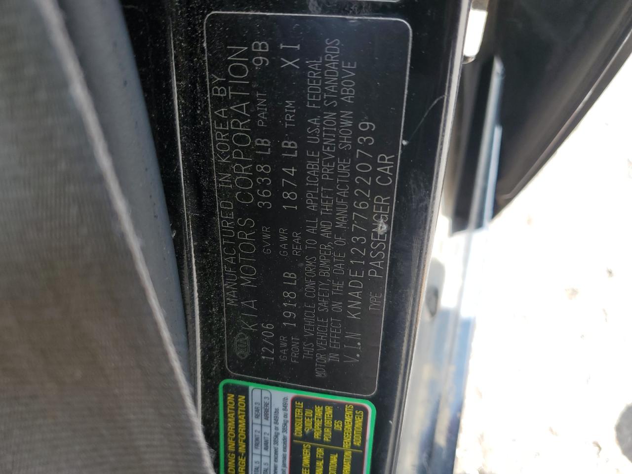 2007 Kia Rio Base VIN: KNADE123776220739 Lot: 63333925