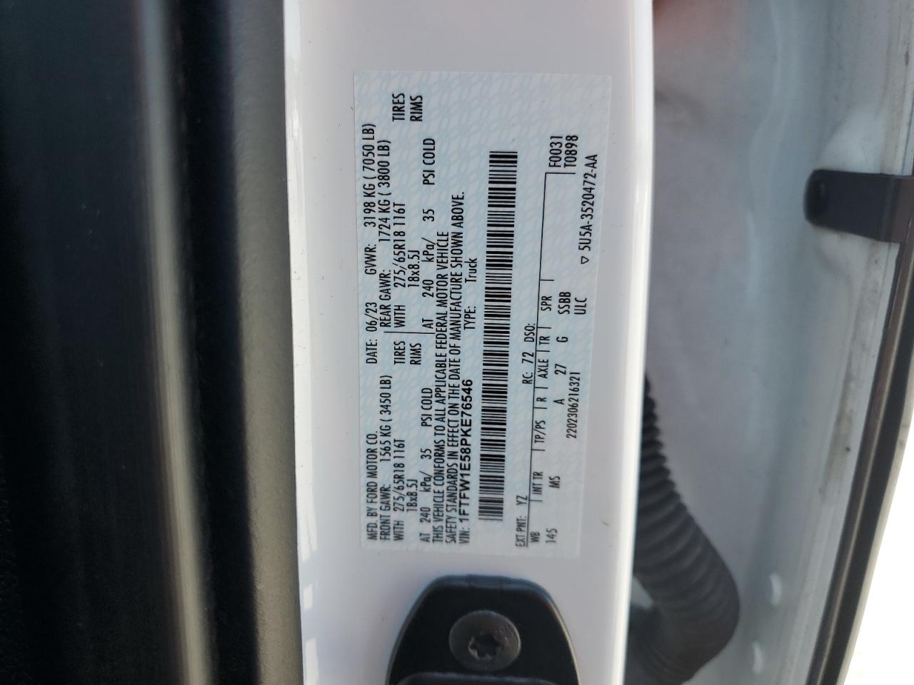 2023 Ford F150 Supercrew VIN: 1FTFW1E58PKE76546 Lot: 65521715