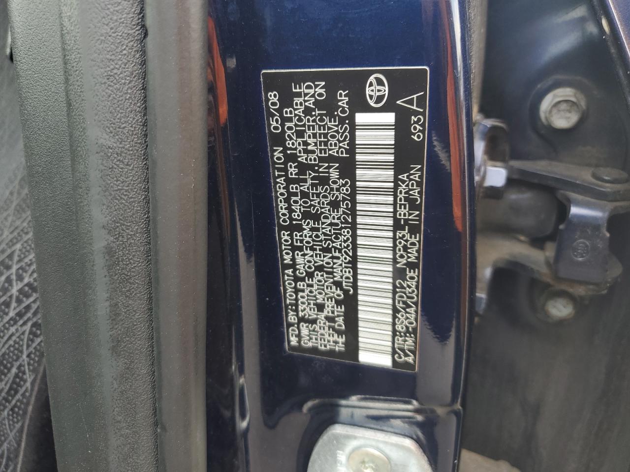 2008 Toyota Yaris VIN: JTDBT923381275783 Lot: 65518325