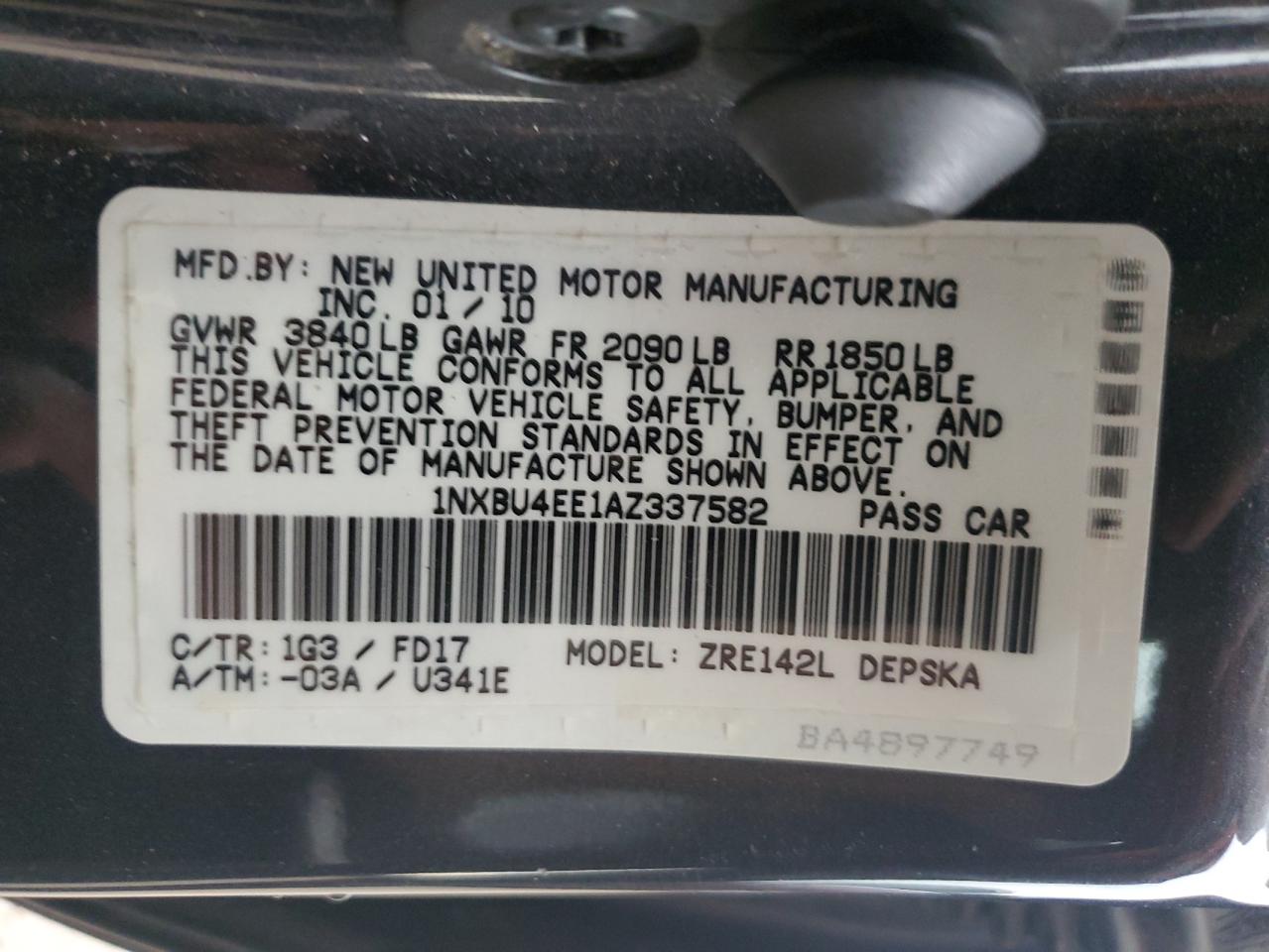 2010 Toyota Corolla Base VIN: 1NXBU4EE1AZ337582 Lot: 64849845