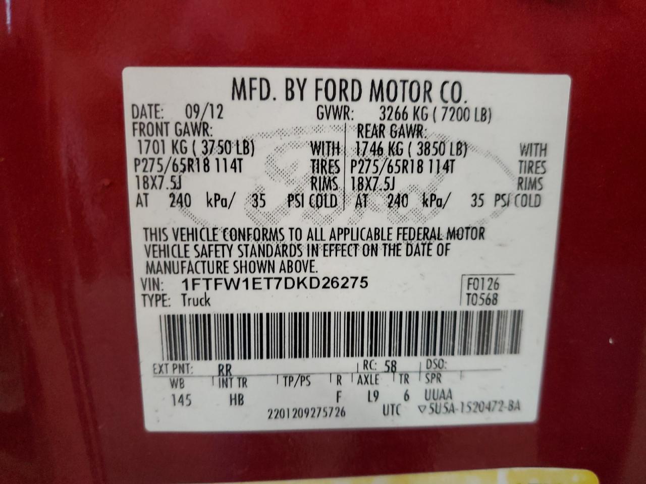2013 Ford F150 Supercrew VIN: 1FTFW1ET7DKD26275 Lot: 63793515
