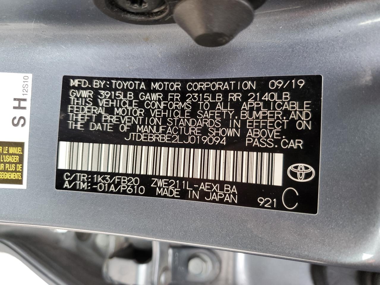 jtdebrbe2lj019094 JTDEBRBE2LJ019094 2020 Toyota Corolla Le