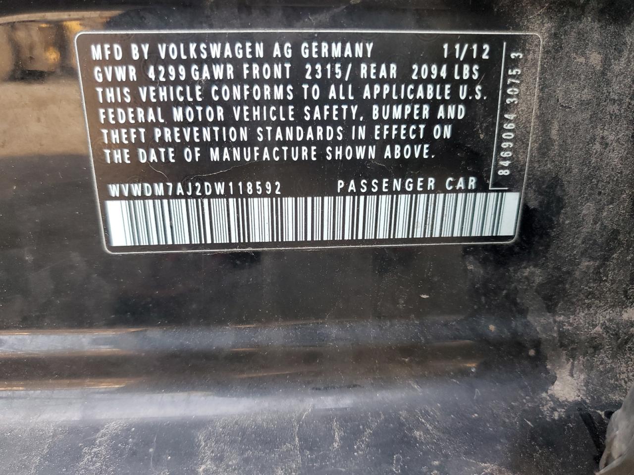 2013 Volkswagen Golf VIN: WVWDM7AJ2DW118592 Lot: 63706975