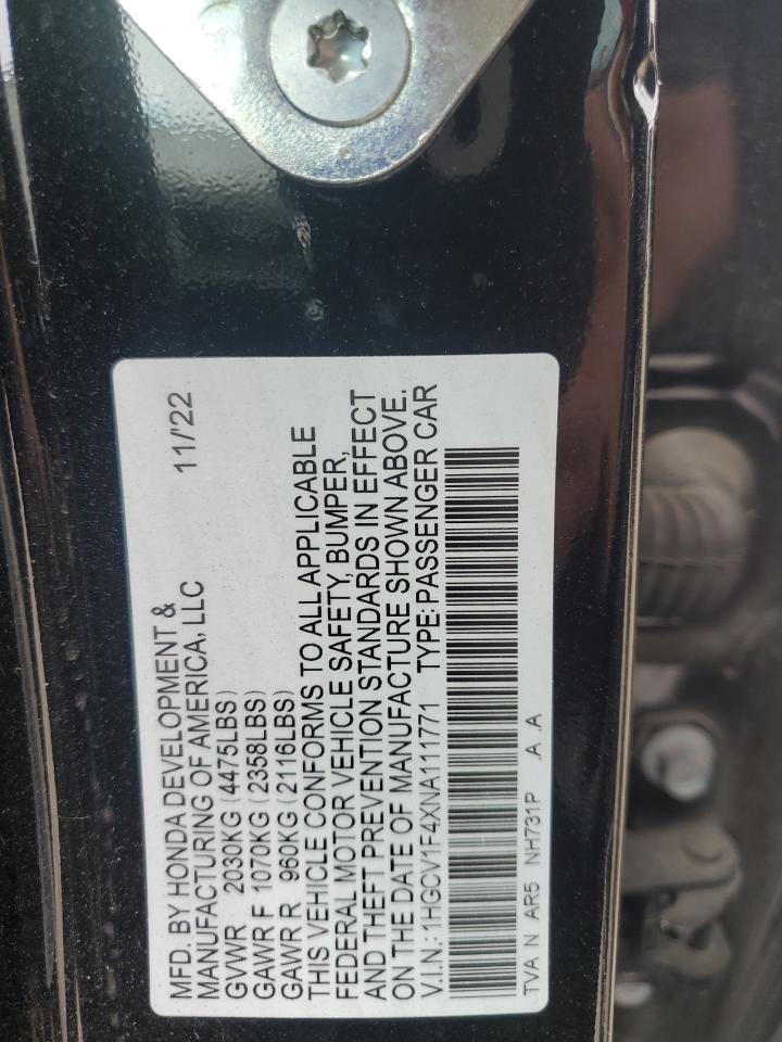 2022 Honda Accord Sport Se VIN: 1HGCV1F4XNA111771 Lot: 63584645