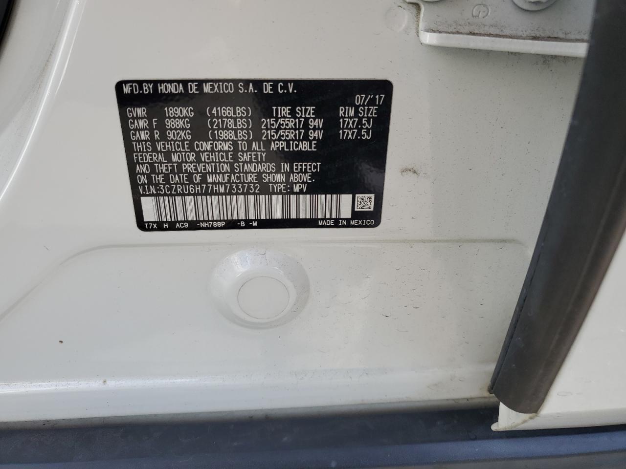 2017 Honda Hr-V Exl VIN: 3CZRU6H77HM733732 Lot: 66711025