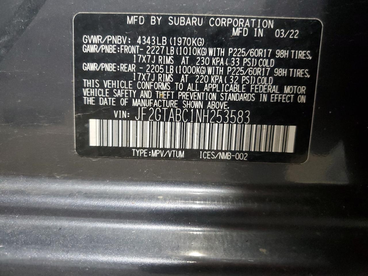 2022 Subaru Crosstrek VIN: JF2GTABC1NH253583 Lot: 65327765