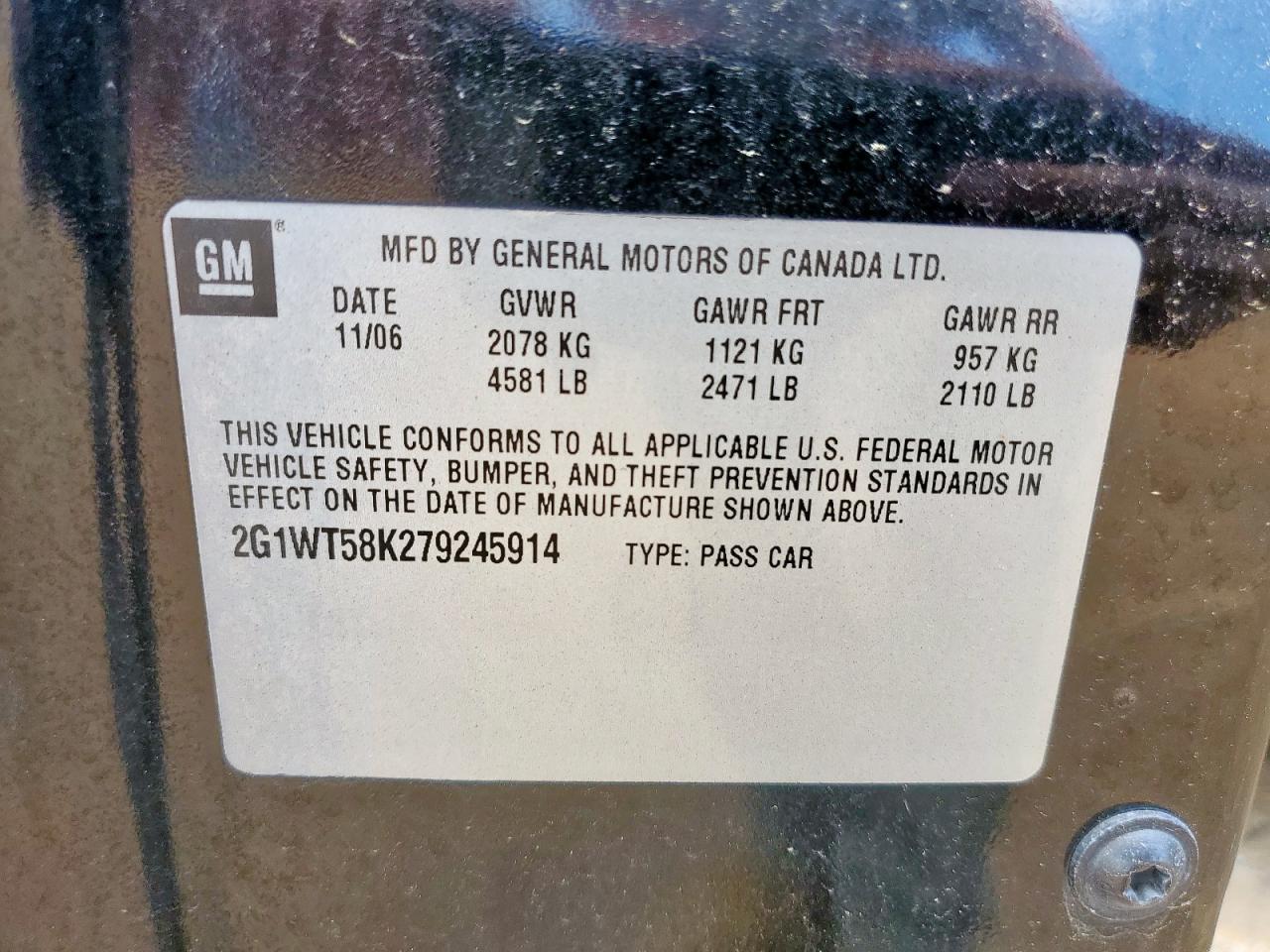 2007 Chevrolet Impala Lt VIN: 2G1WT58K279245914 Lot: 64184675
