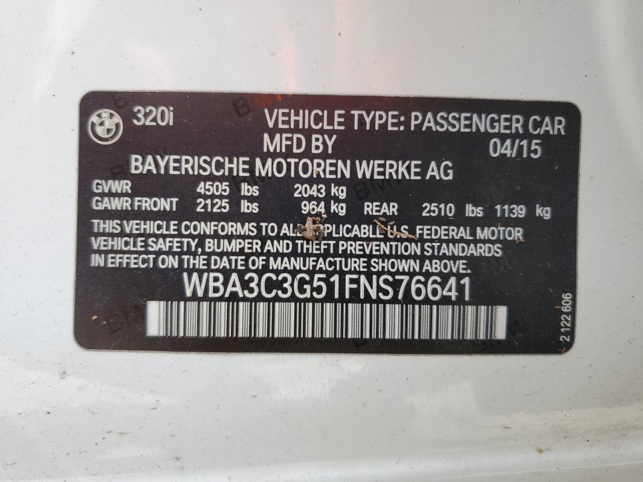 2015 BMW 320 I xDrive VIN: WBA3C3G51FNS76641 Lot: 65173865