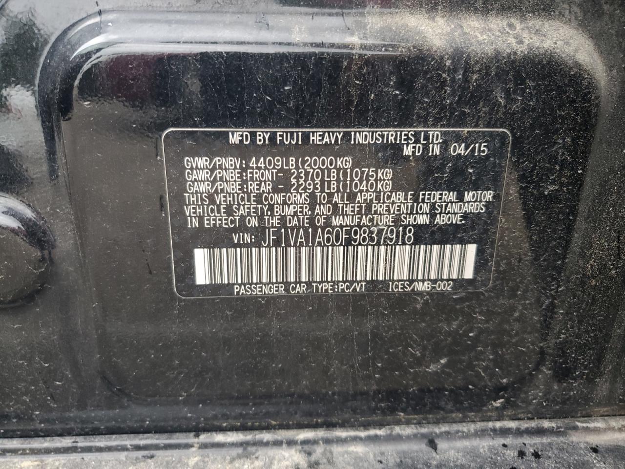 2015 Subaru Wrx VIN: JF1VA1A60F9837918 Lot: 64938465