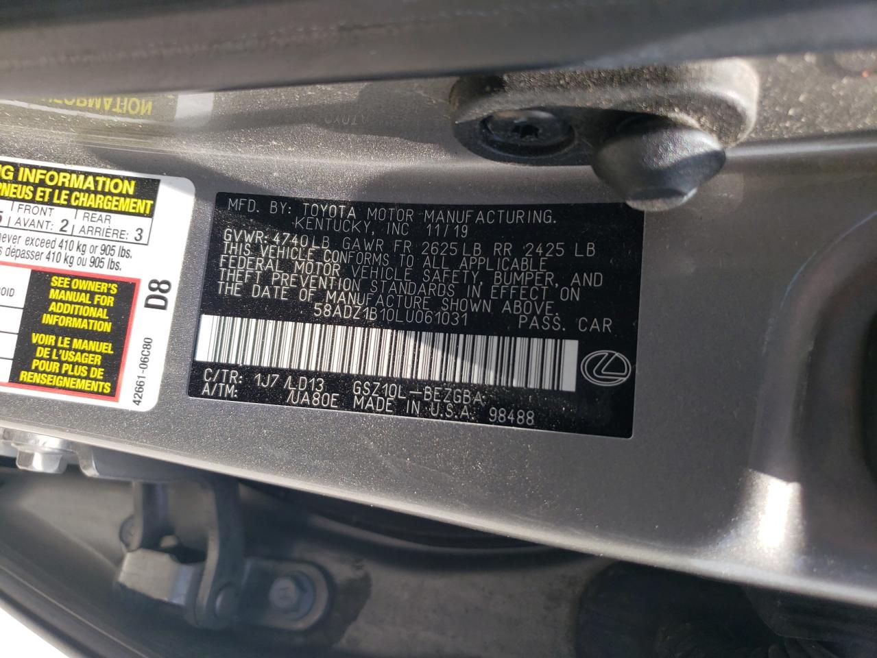 2020 Lexus Es 350 VIN: 58ADZ1B10LU061031 Lot: 62917545