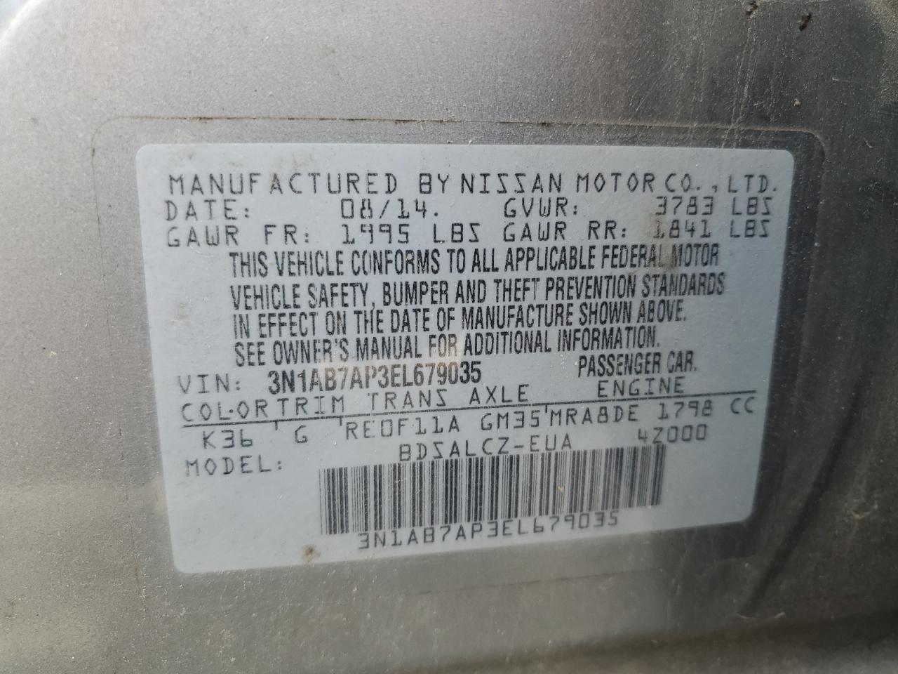 2014 Nissan Sentra S VIN: 3N1AB7AP3EL679035 Lot: 64886455