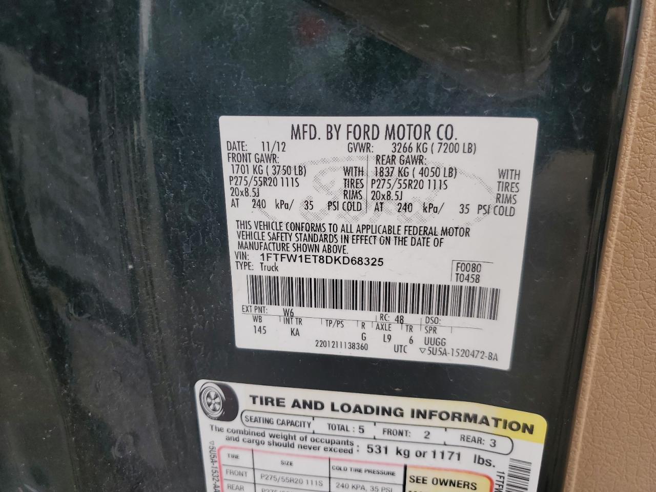 2013 Ford F150 Supercrew VIN: 1FTFW1ET8DKD68325 Lot: 63988005