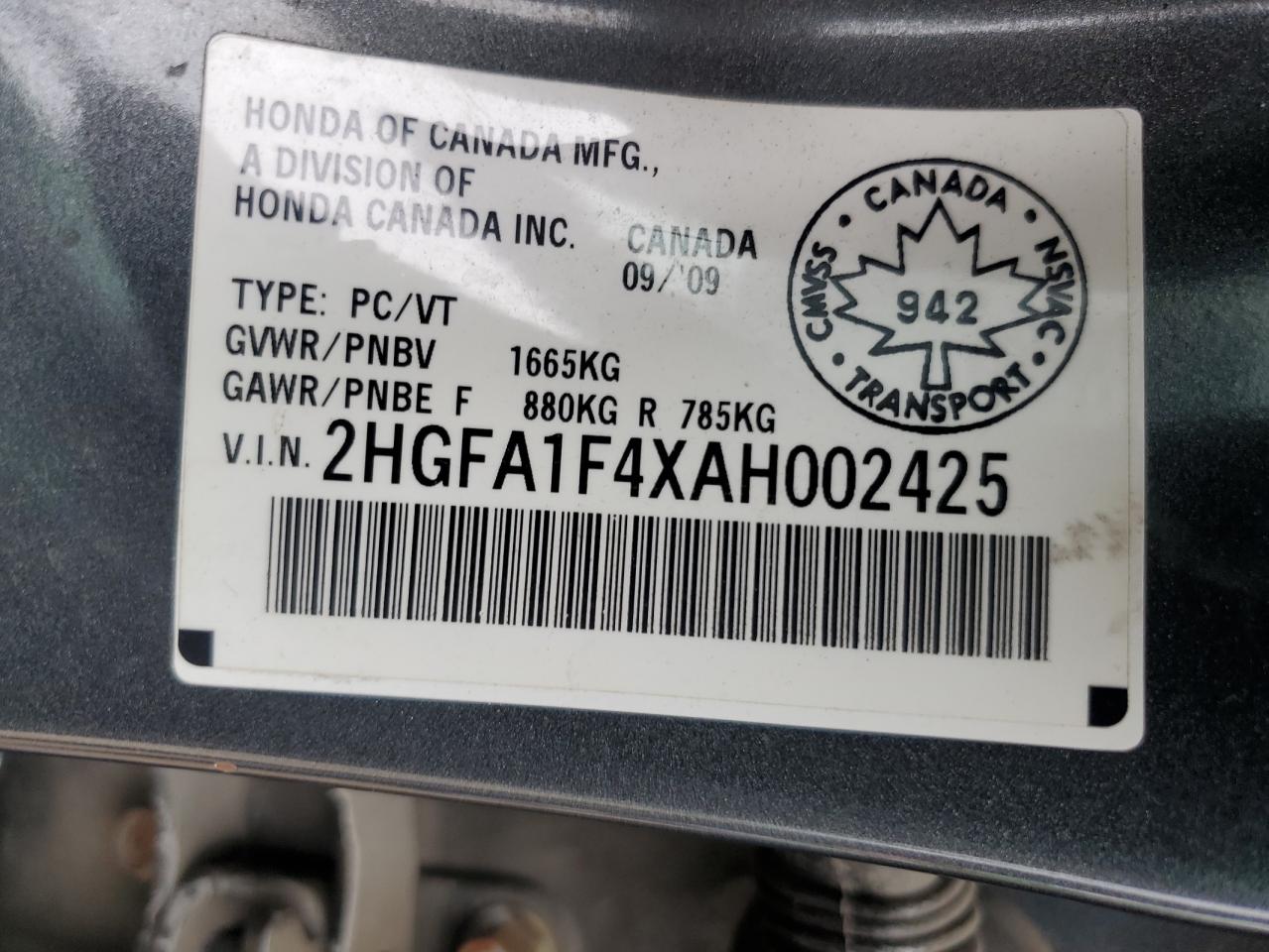 2010 Honda Civic Dx-G VIN: 2HGFA1F4XAH002425 Lot: 64425825
