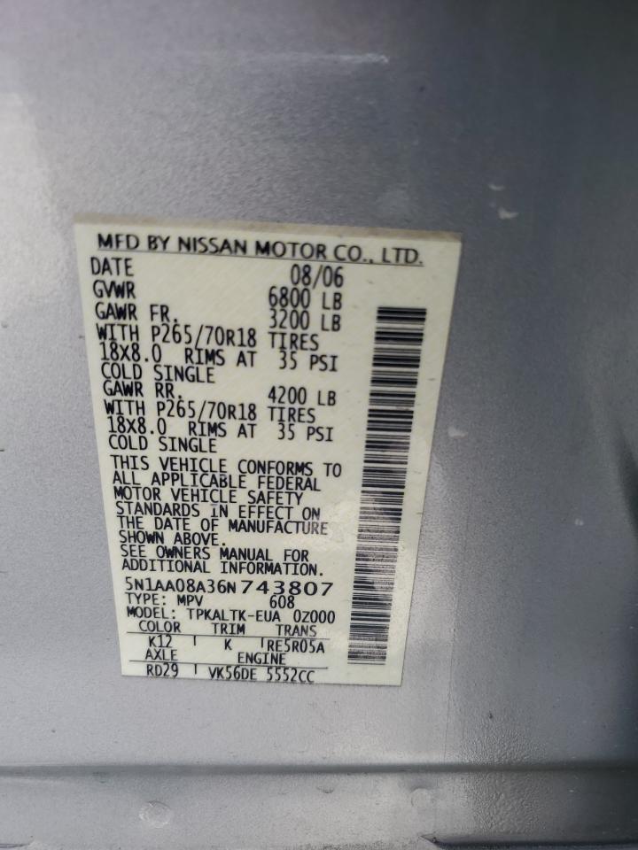 2006 Nissan Armada Se VIN: 5N1AA08A36N743807 Lot: 64866715