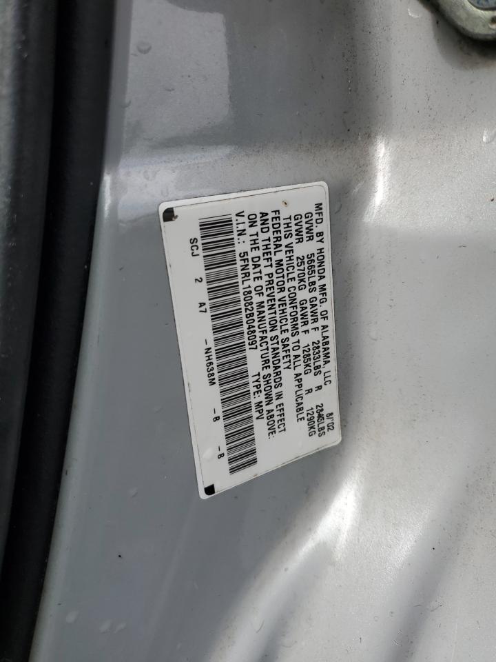 2002 Honda Odyssey Exl VIN: 5FNRL18082B048097 Lot: 64335095