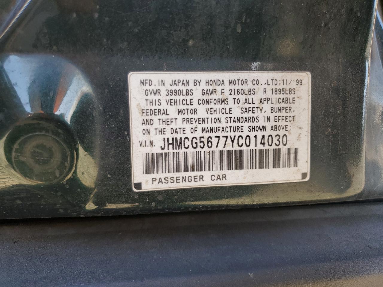 2000 Honda Accord Se VIN: JHMCG5677YC014030 Lot: 64322955
