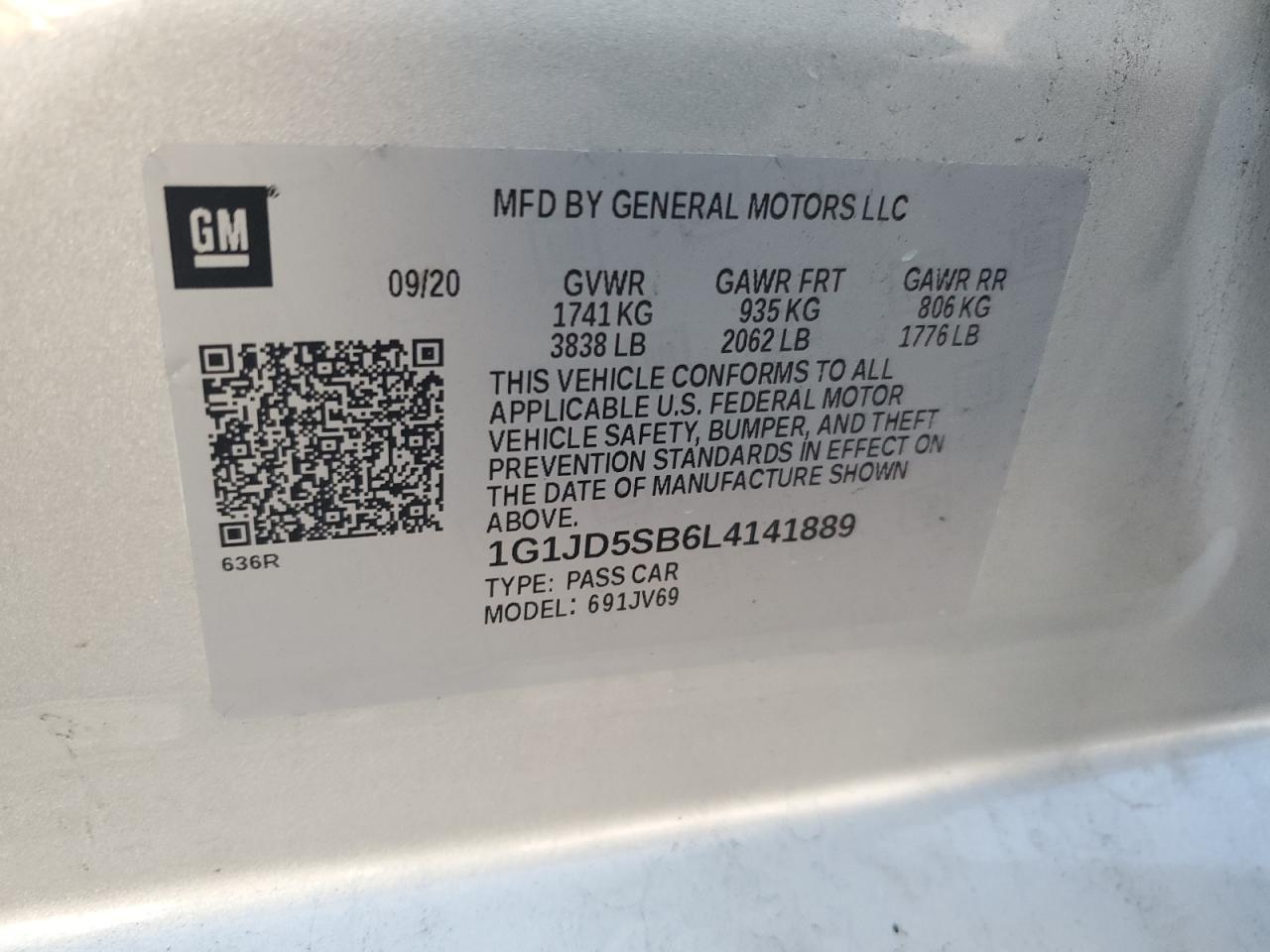 2020 Chevrolet Sonic Lt VIN: 1G1JD5SB6L4141889 Lot: 65609665