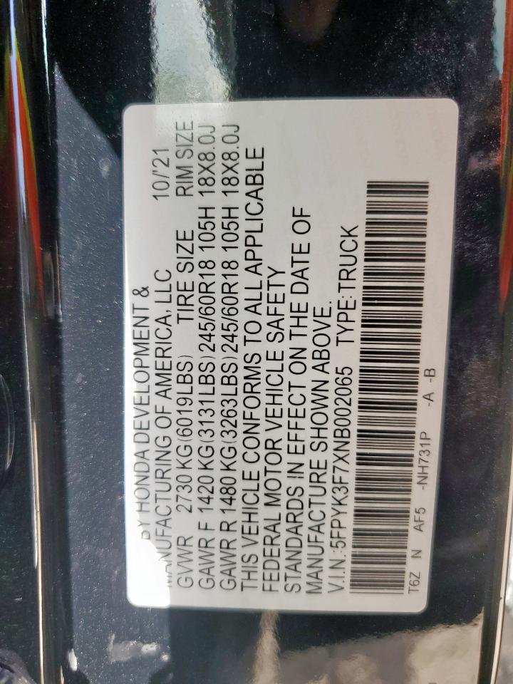 2022 Honda Ridgeline Rtl VIN: 5FPYK3F7XNB002065 Lot: 65457345