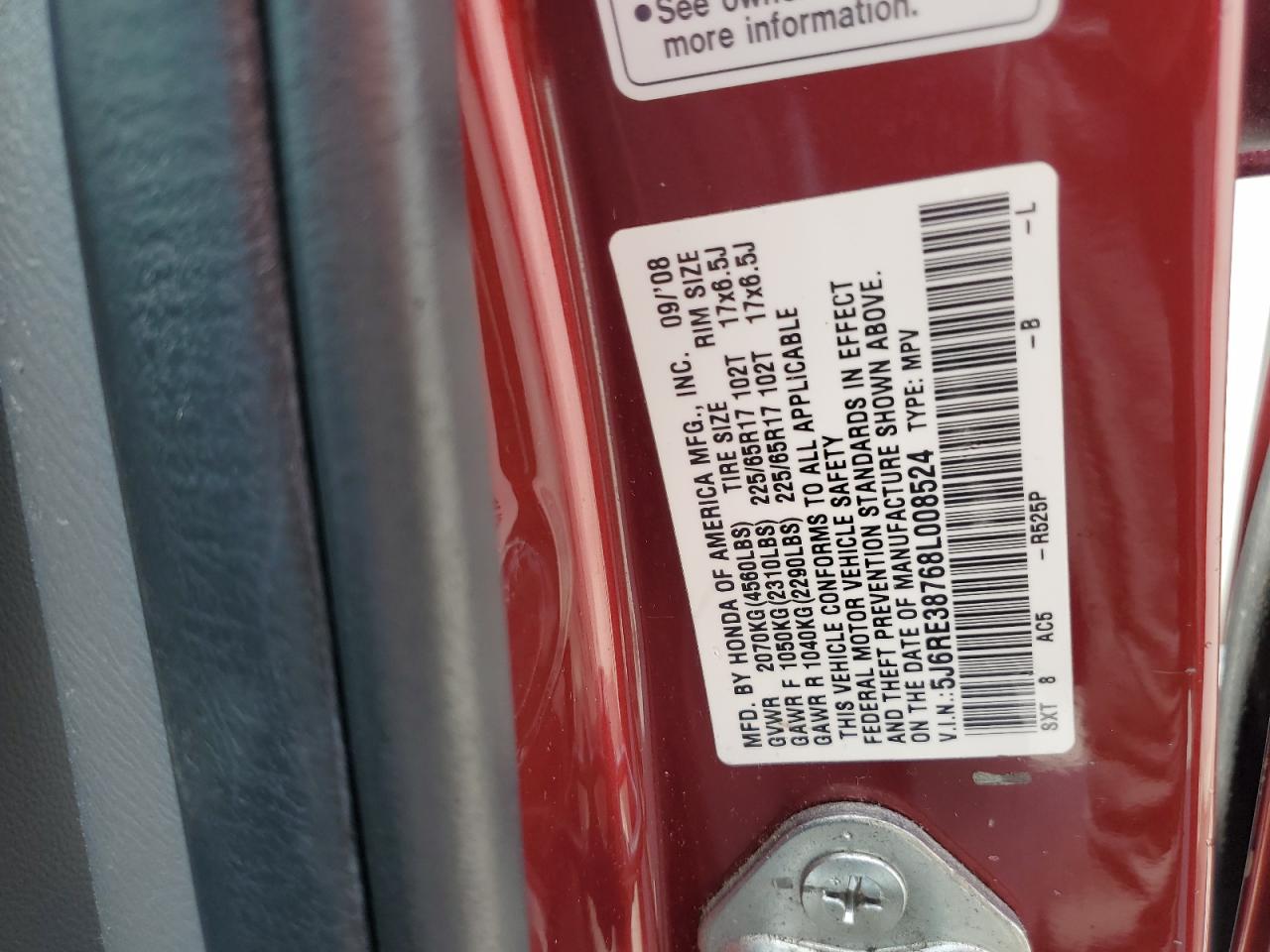 2008 Honda Cr-V Exl VIN: 5J6RE38768L008524 Lot: 65227615