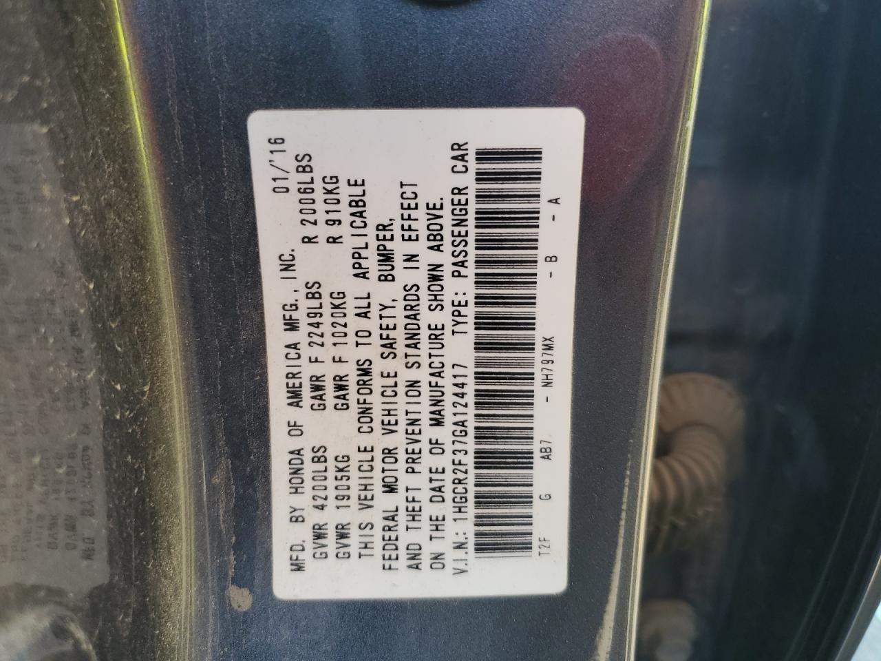 2016 Honda Accord Lx VIN: 1HGCR2F37GA124417 Lot: 65281345