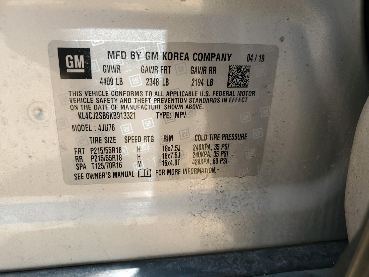 2019 Buick Encore Sport Touring VIN: KL4CJ2SB6KB913321 Lot: 62958225