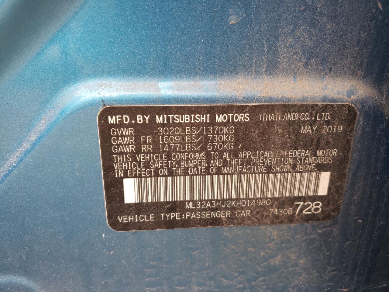 2019 Mitsubishi Mirage Es VIN: ML32A3HJ2KH014980 Lot: 63740885