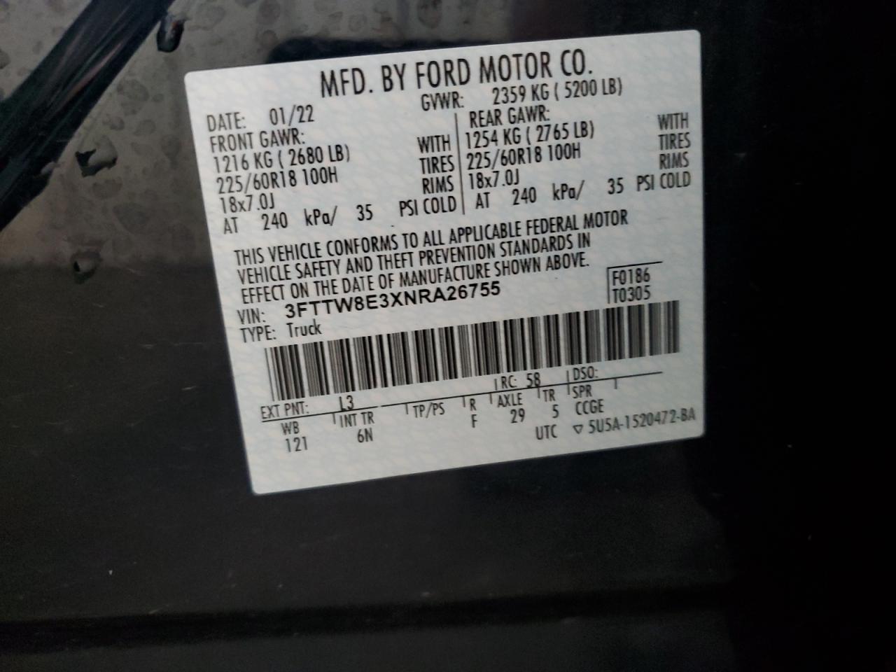 2022 Ford Maverick Xl VIN: 3FTTW8E3XNRA26755 Lot: 62880835