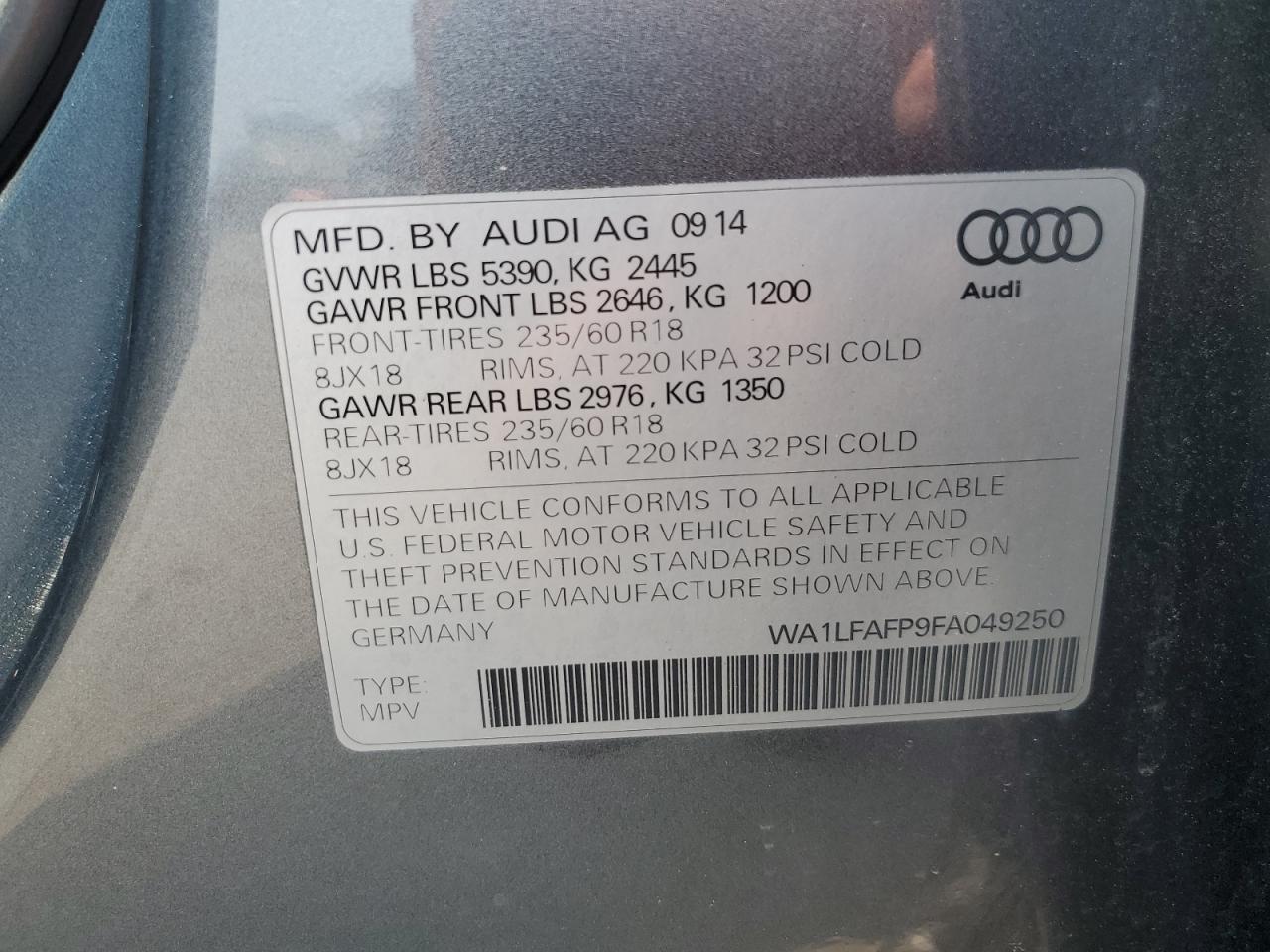 2015 Audi Q5 Premium Plus VIN: WA1LFAFP9FA049250 Lot: 63261005