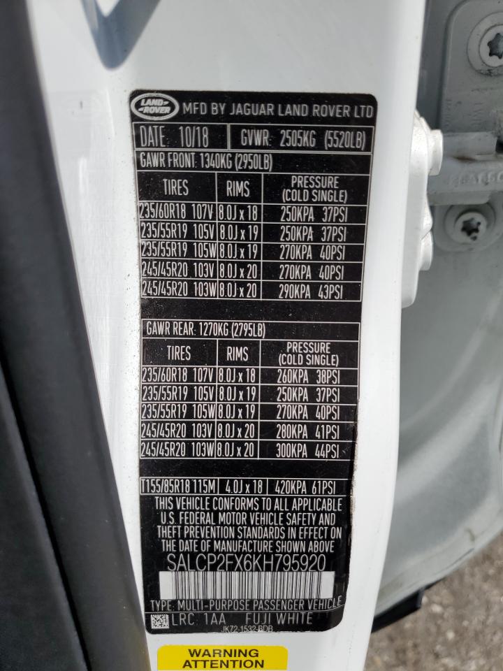 2019 Land Rover Discovery Sport Se VIN: SALCP2FX6KH795920 Lot: 66357555