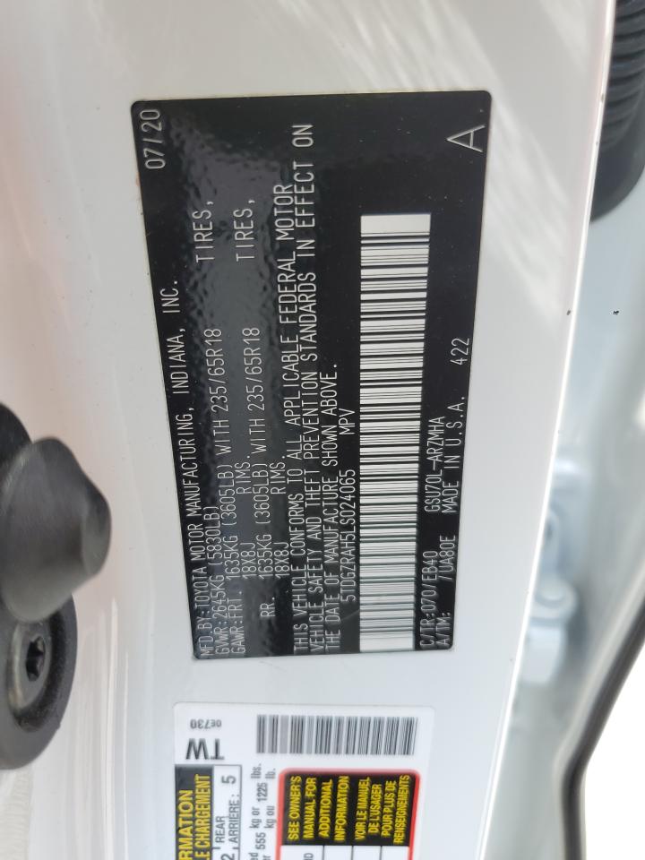 2020 Toyota Highlander Xle VIN: 5TDGZRAH5LS024065 Lot: 65084035