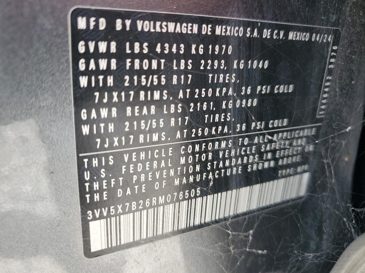 2024 Volkswagen Taos S VIN: 3VV5X7B26RM076505 Lot: 63776485