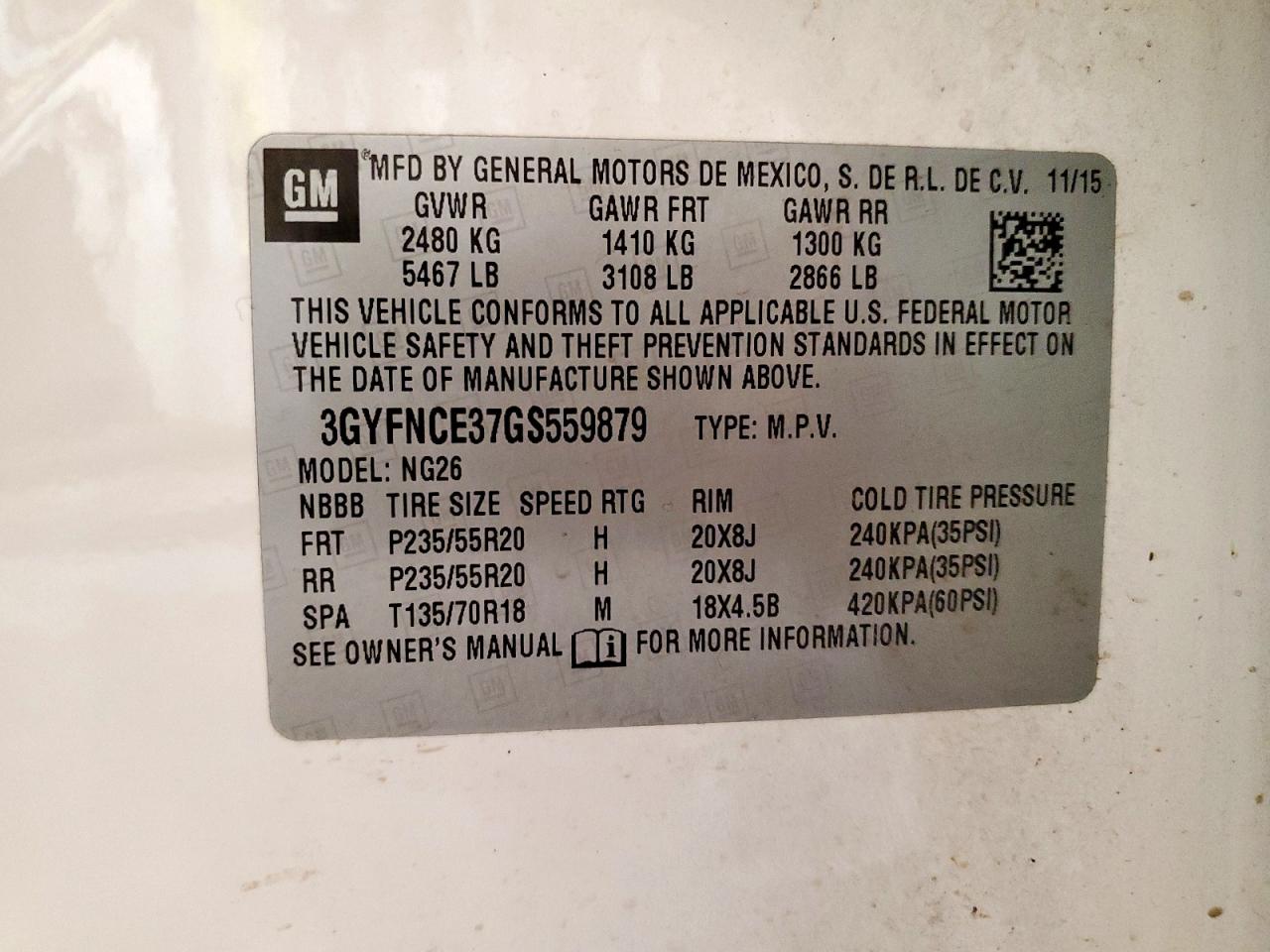 2016 Cadillac Srx Performance Collection VIN: 3GYFNCE37GS559879 Lot: 63910835