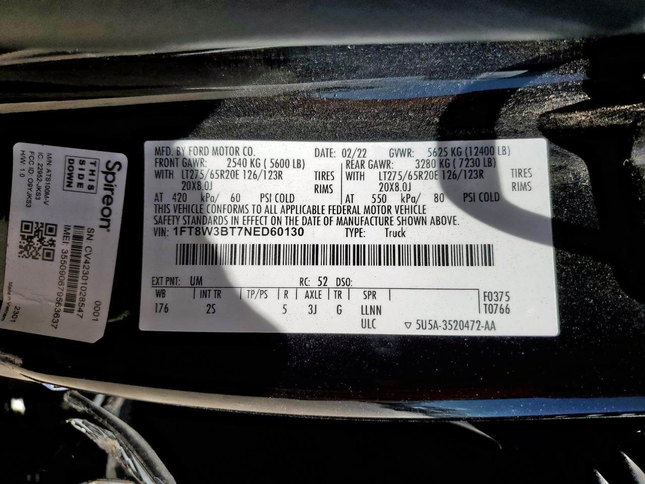 2022 Ford F350 Super Duty VIN: 1FT8W3BT7NED60130 Lot: 63700145