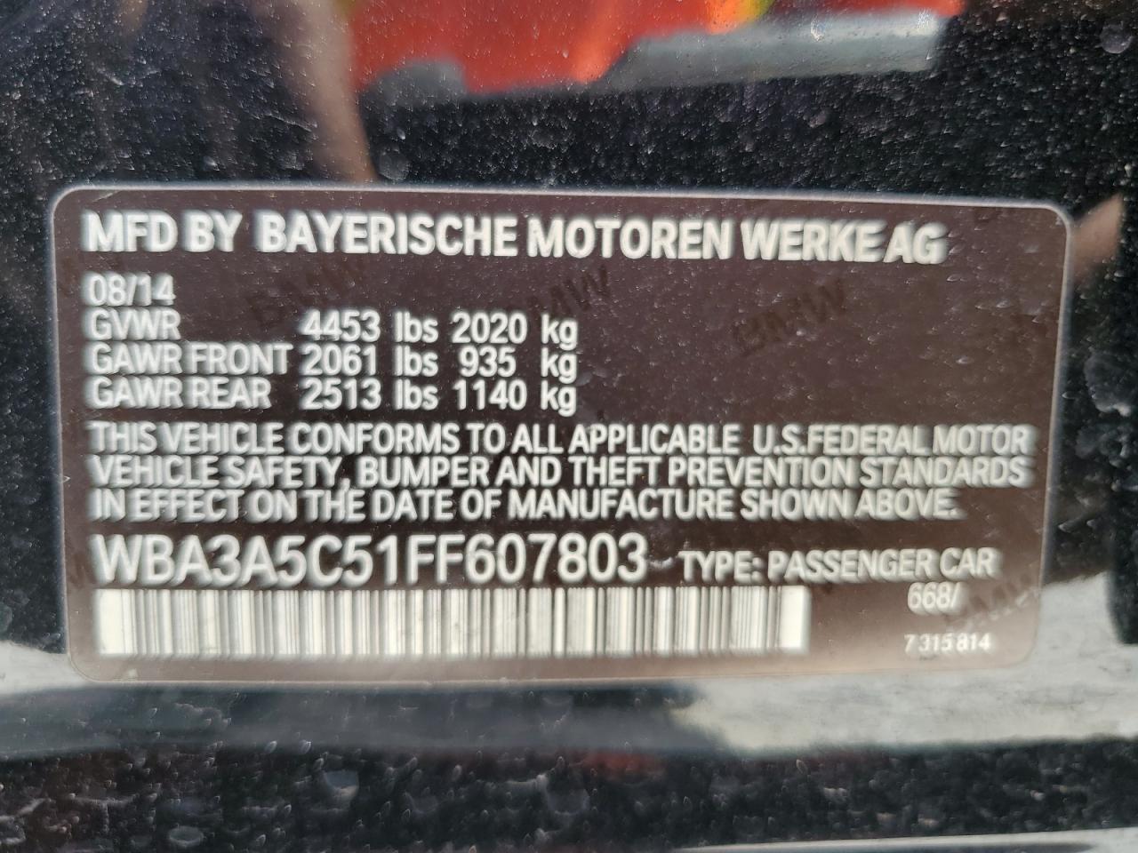 2015 BMW 328 I VIN: WBA3A5C51FF607803 Lot: 64212215