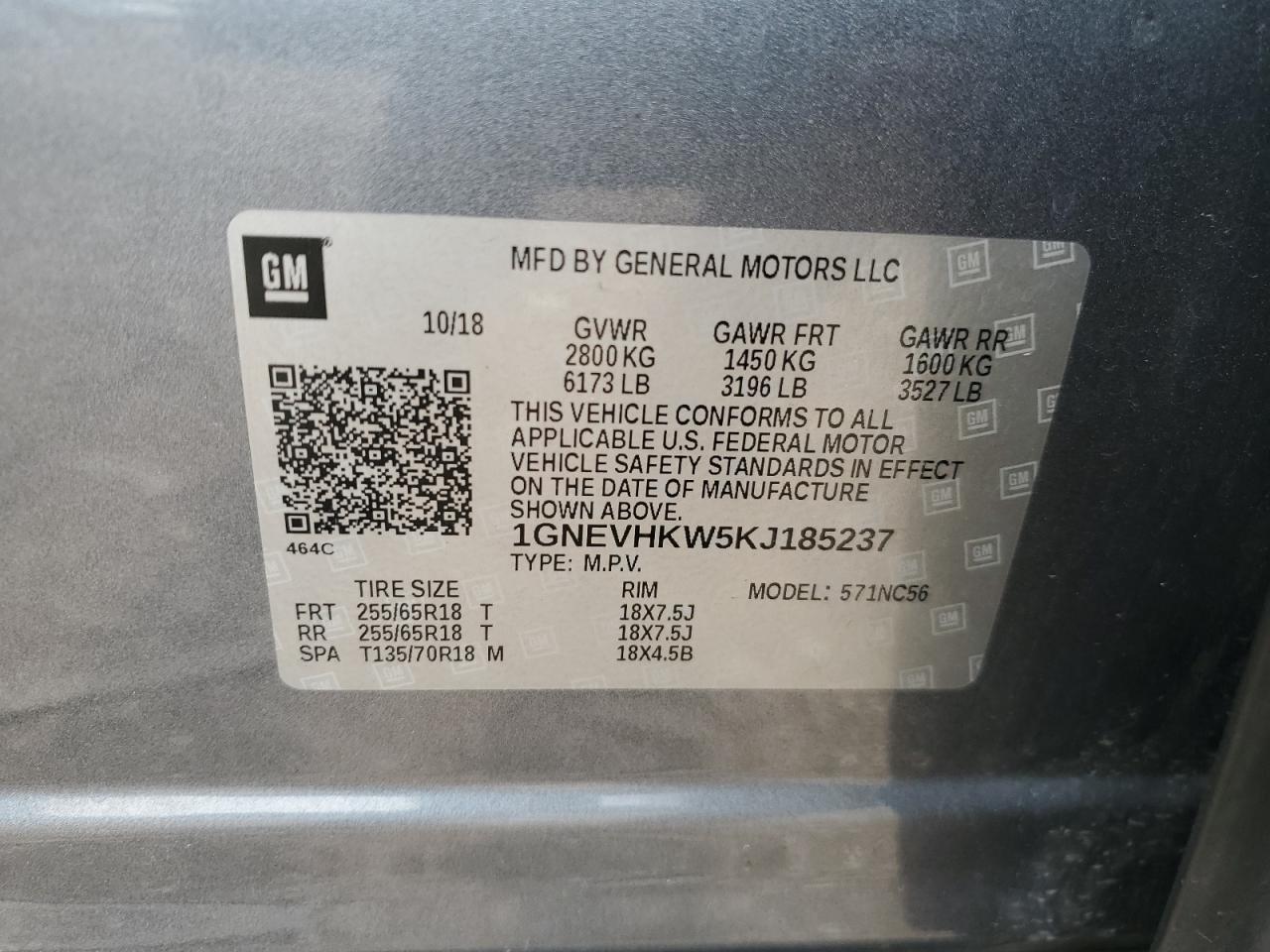 2019 Chevrolet Traverse Lt VIN: 1GNEVHKW5KJ185237 Lot: 64328955