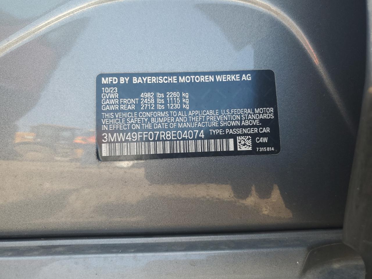 2024 BMW M340Xi VIN: 3MW49FF07R8E04074 Lot: 64694255