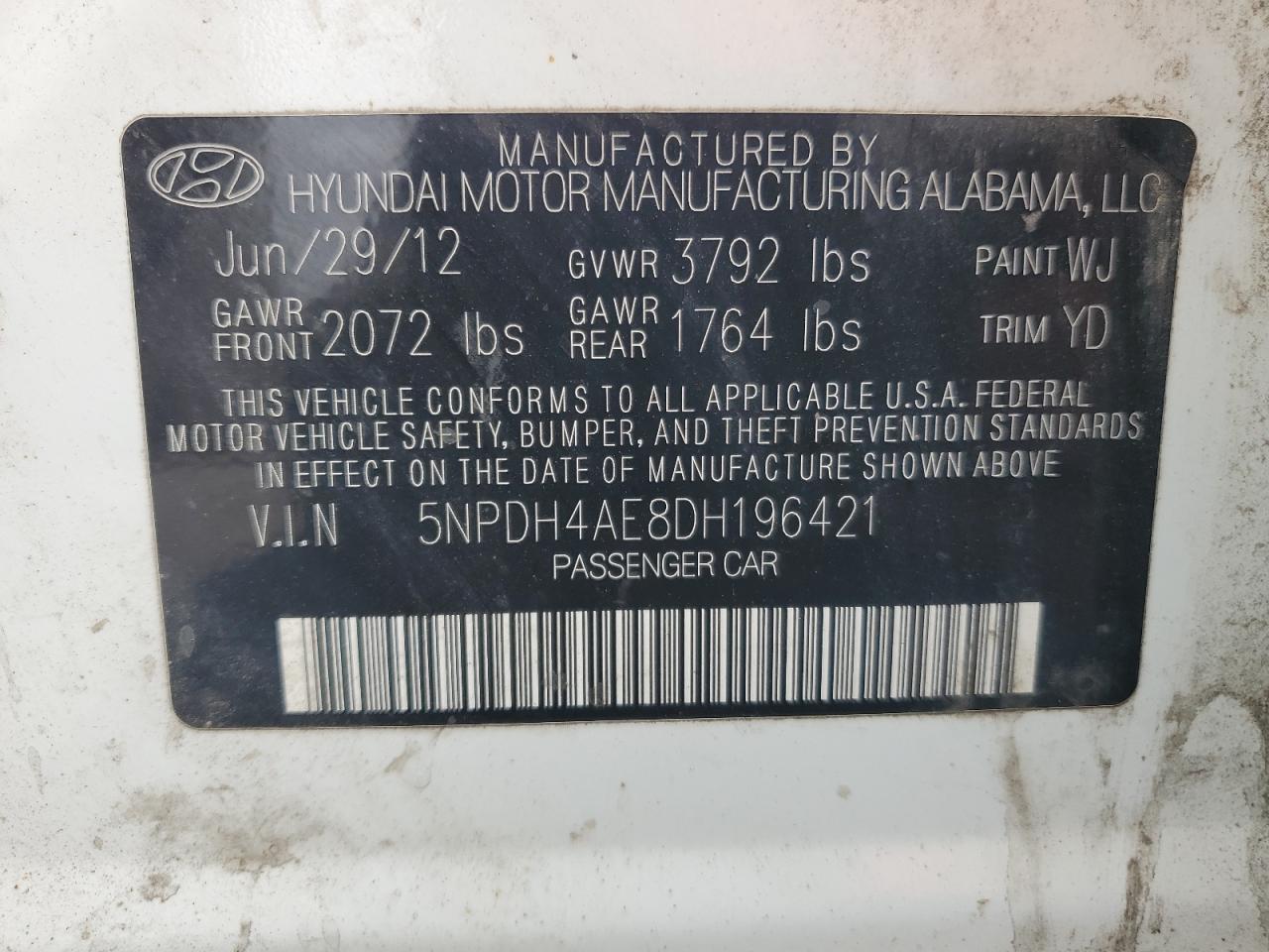 2013 Hyundai Elantra Gls VIN: 5NPDH4AE8DH196421 Lot: 64014315