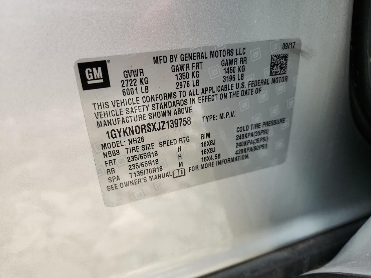 2018 Cadillac Xt5 Luxury VIN: 1GYKNDRSXJZ139758 Lot: 64026905