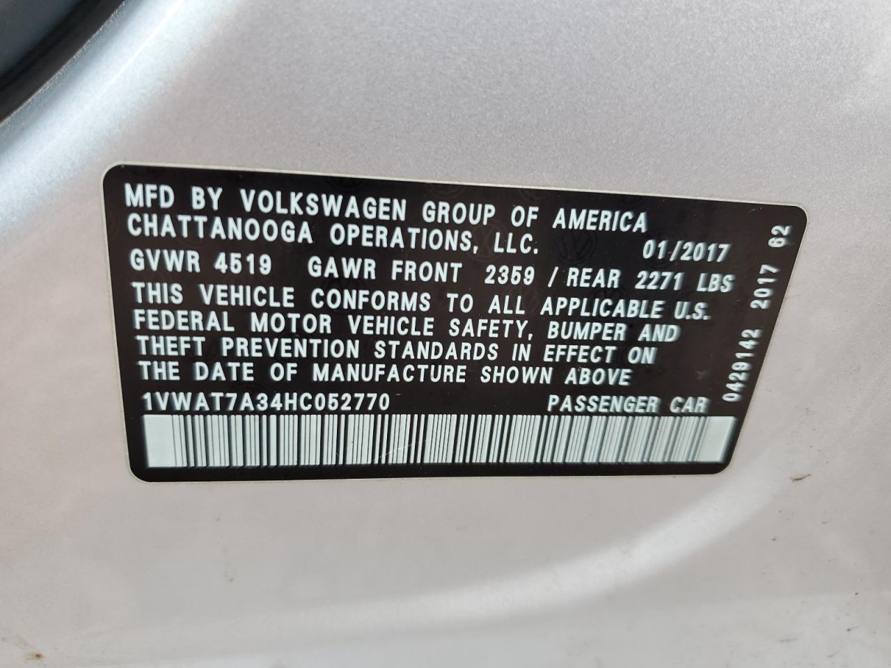 2017 Volkswagen Passat S VIN: 1VWAT7A34HC052770 Lot: 64447615