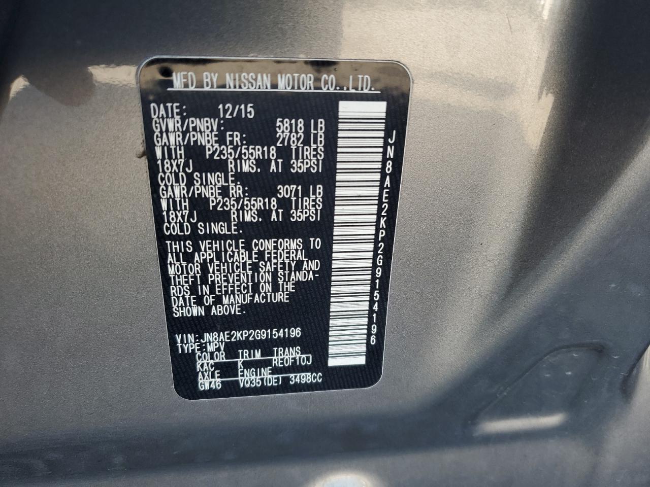 2016 Nissan Quest S VIN: JN8AE2KP2G9154196 Lot: 63467725
