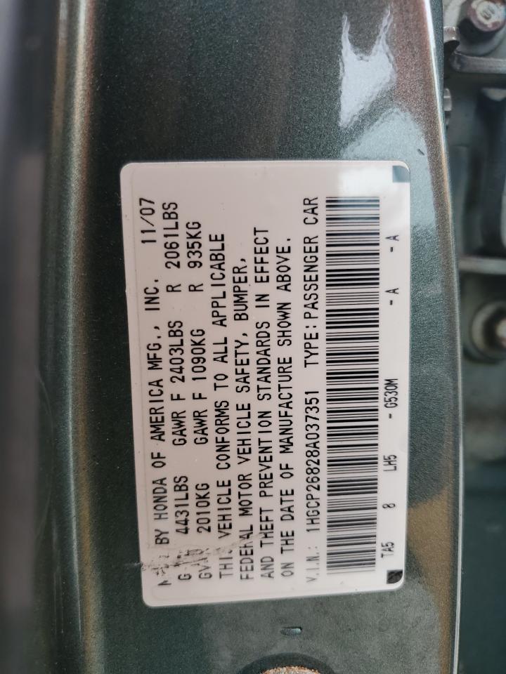 2008 Honda Accord Exl VIN: 1HGCP26828A037351 Lot: 65621225
