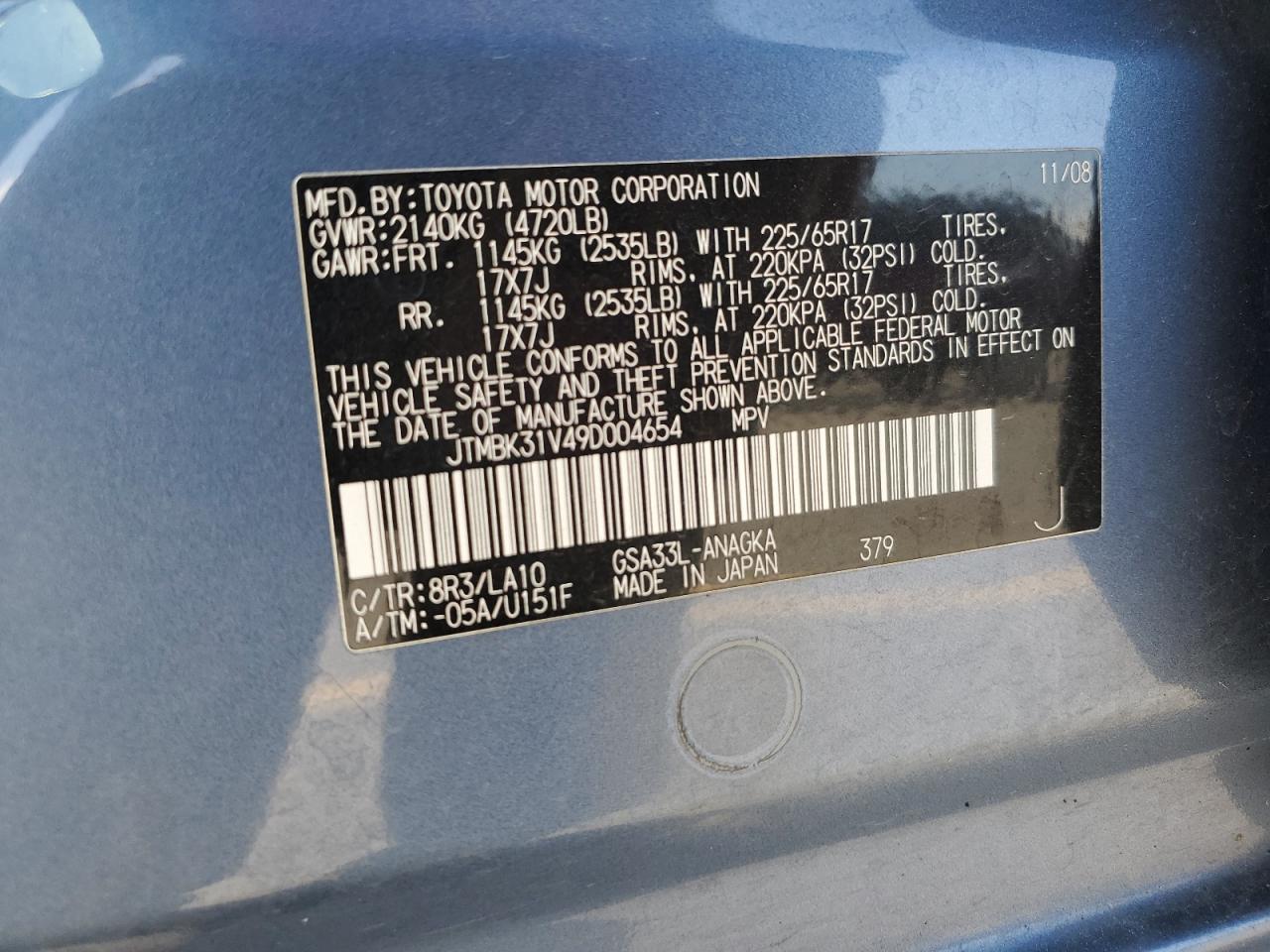 2009 Toyota Rav4 Limited VIN: JTMBK31V49D004654 Lot: 63681295