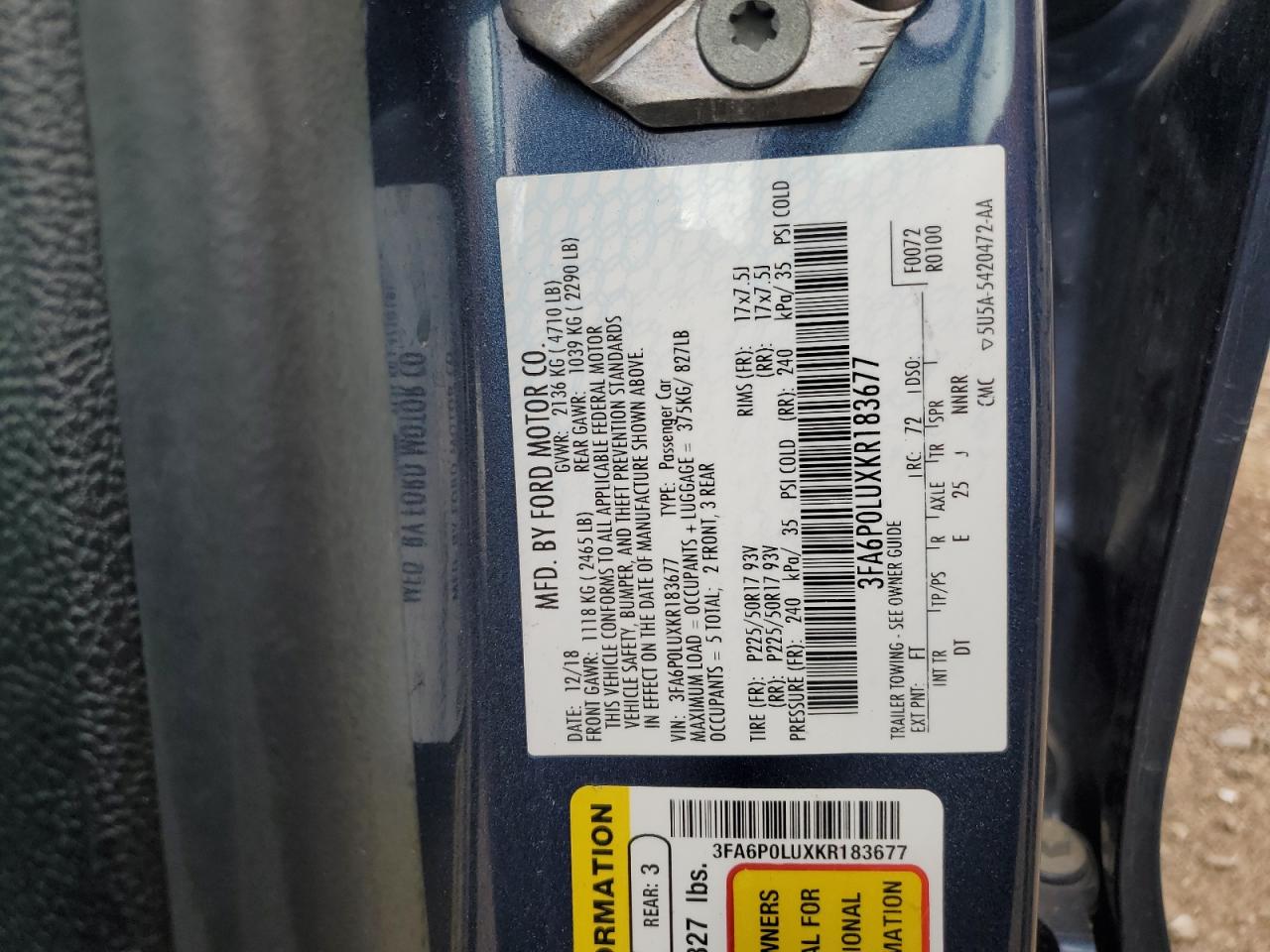 2019 Ford Fusion Se VIN: 3FA6P0LUXKR183677 Lot: 65251105