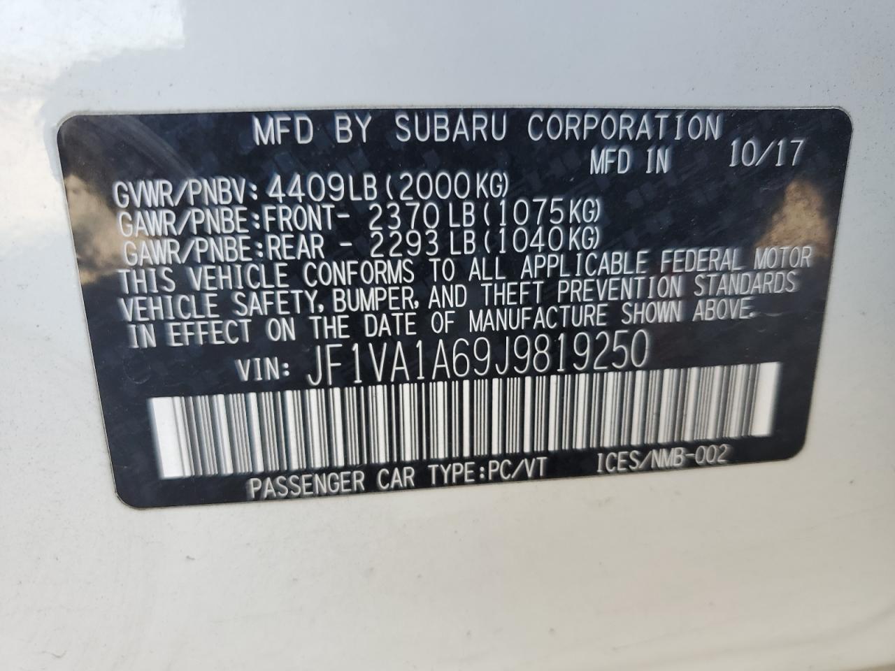 2018 Subaru Wrx VIN: JF1VA1A69J9819250 Lot: 65231625