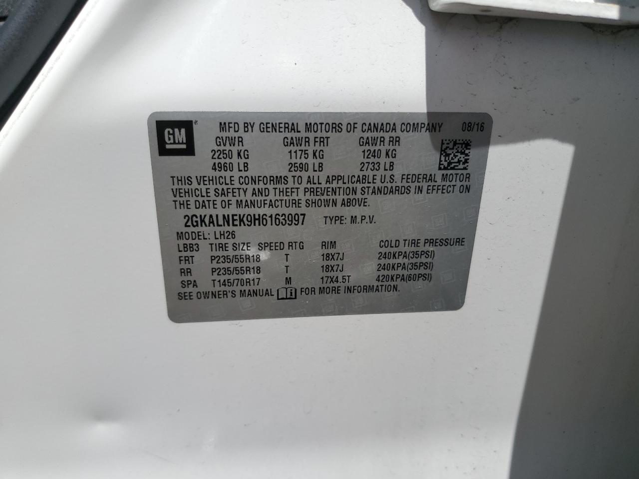 2017 GMC Terrain Sle VIN: 2GKALNEK9H6163997 Lot: 65562075