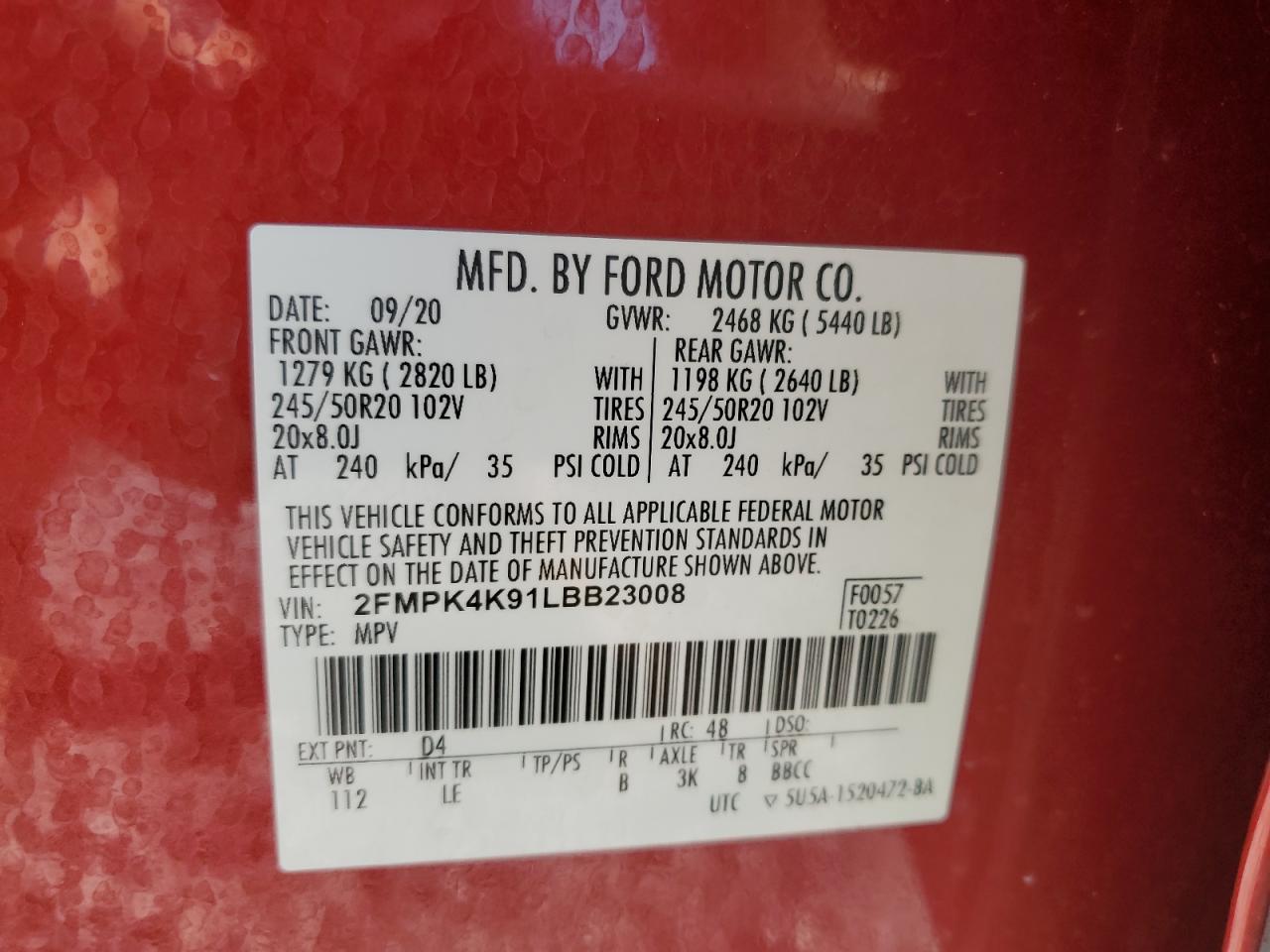 2020 Ford Edge Titanium VIN: 2FMPK4K91LBB23008 Lot: 66439245