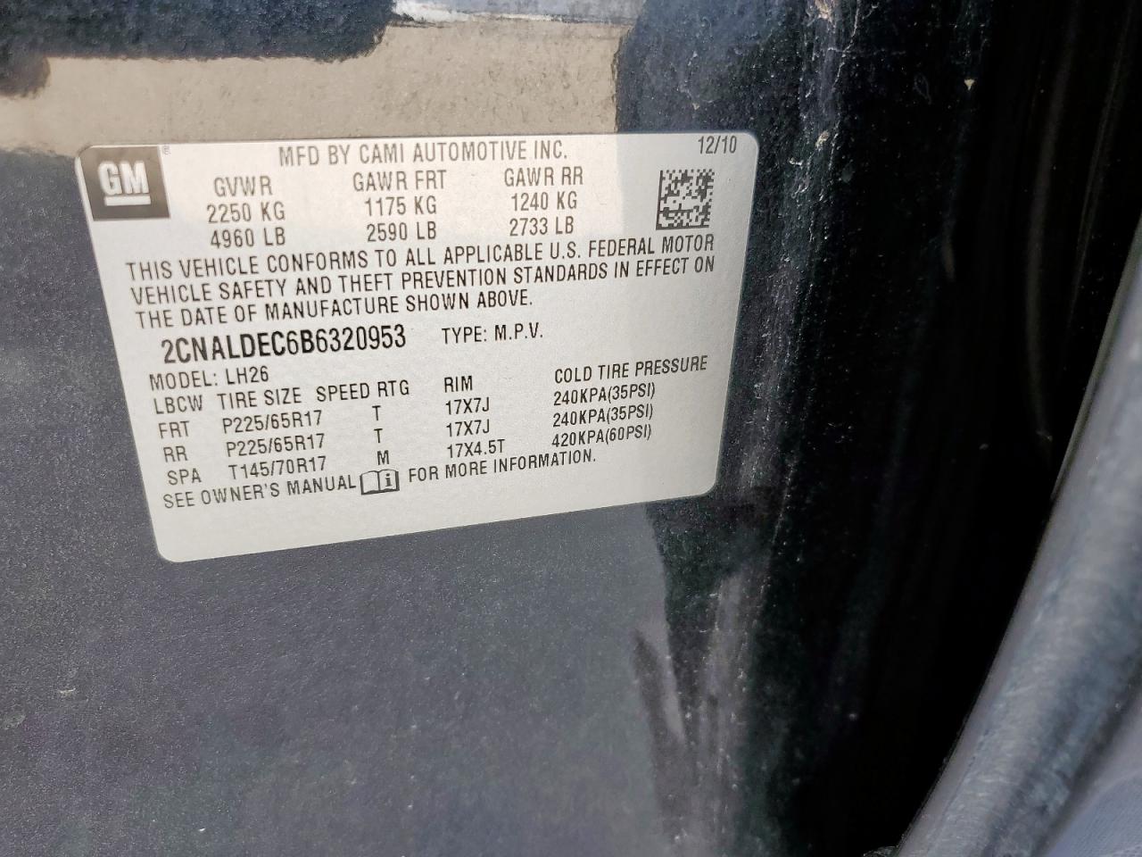 2011 Chevrolet Equinox Lt VIN: 2CNALDEC6B6320953 Lot: 65160565