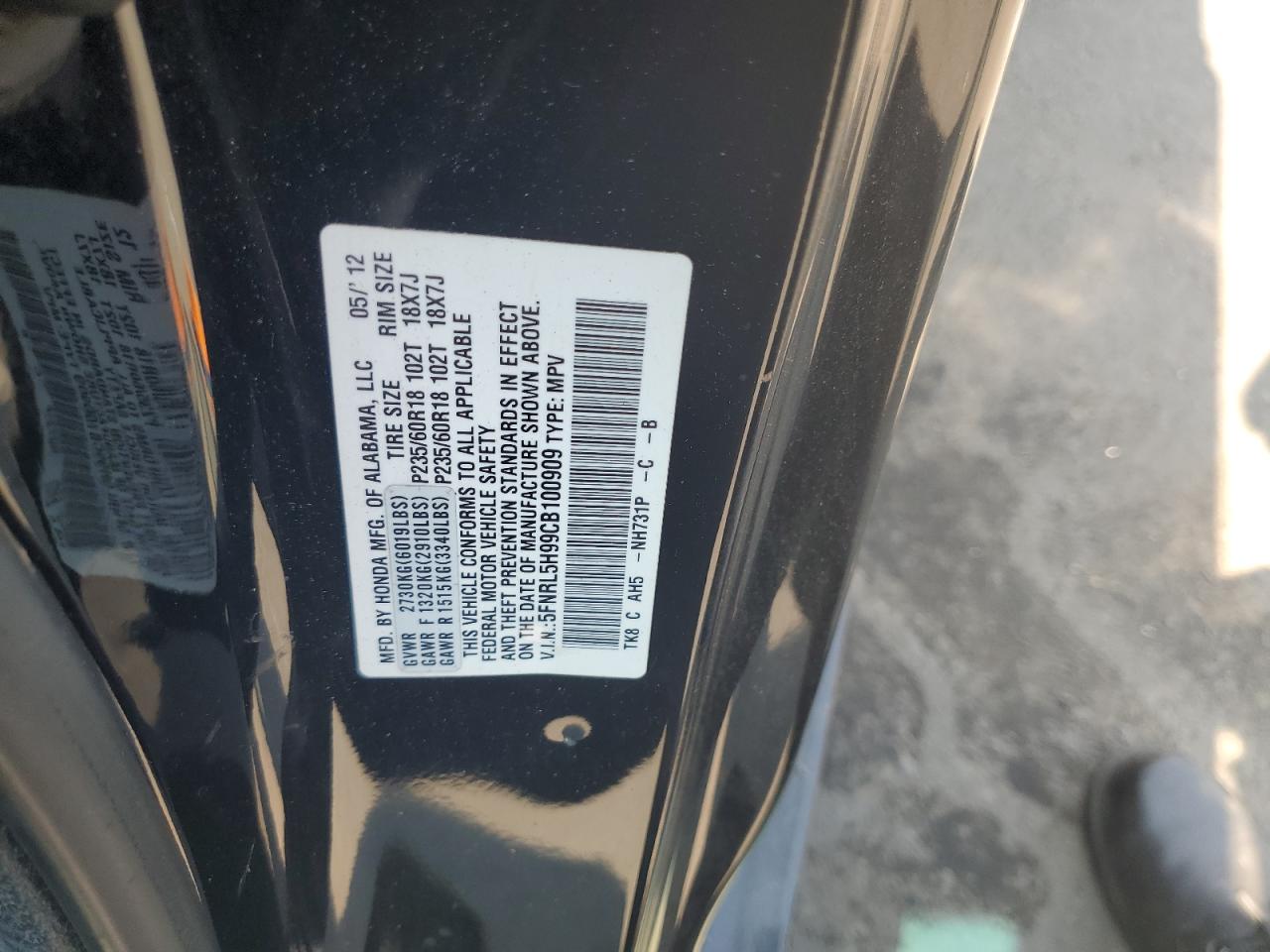2012 Honda Odyssey Touring VIN: 5FNRL5H99CB100909 Lot: 62460195