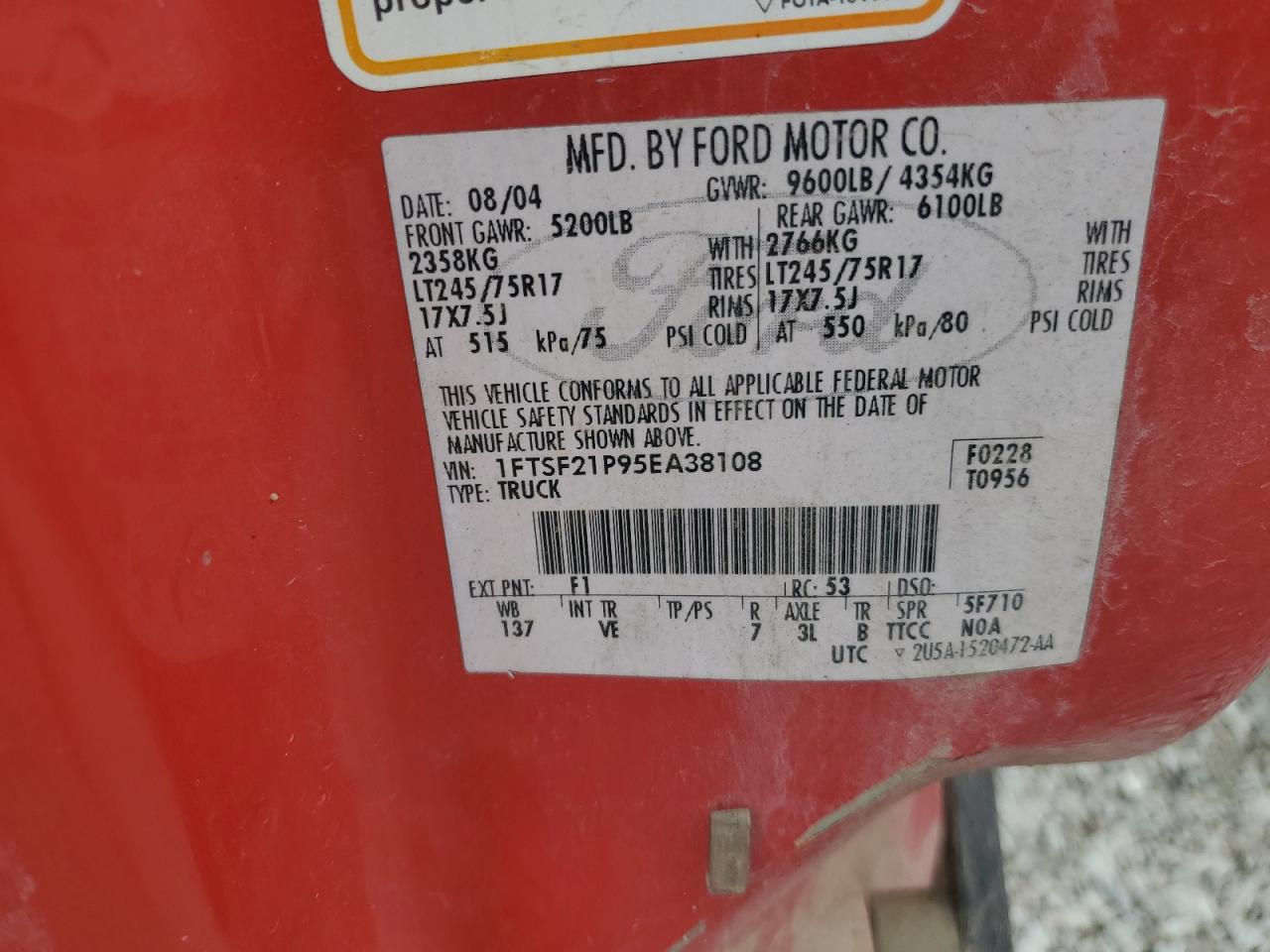 2005 Ford F250 Super Duty VIN: 1FTSF21P95EA38108 Lot: 64718535