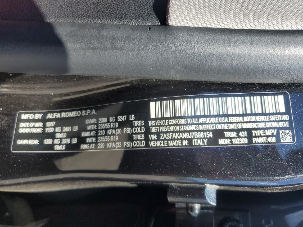 2018 Alfa Romeo Stelvio VIN: ZASFAKAN9J7B98154 Lot: 64700895